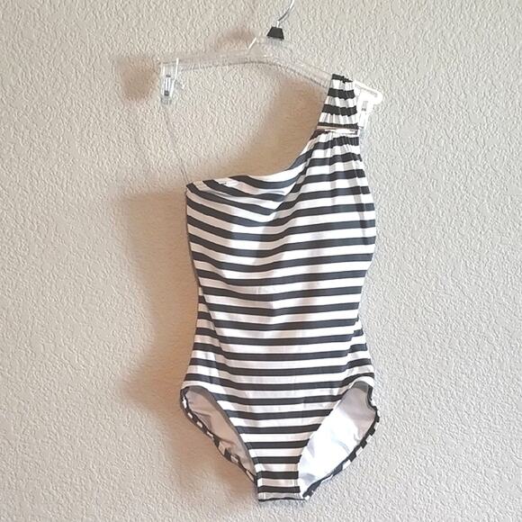 Michael Kors NEW Gray & White Striped One Shoulder Logo Bar Swimsuit 10 - Picture 1 of 12